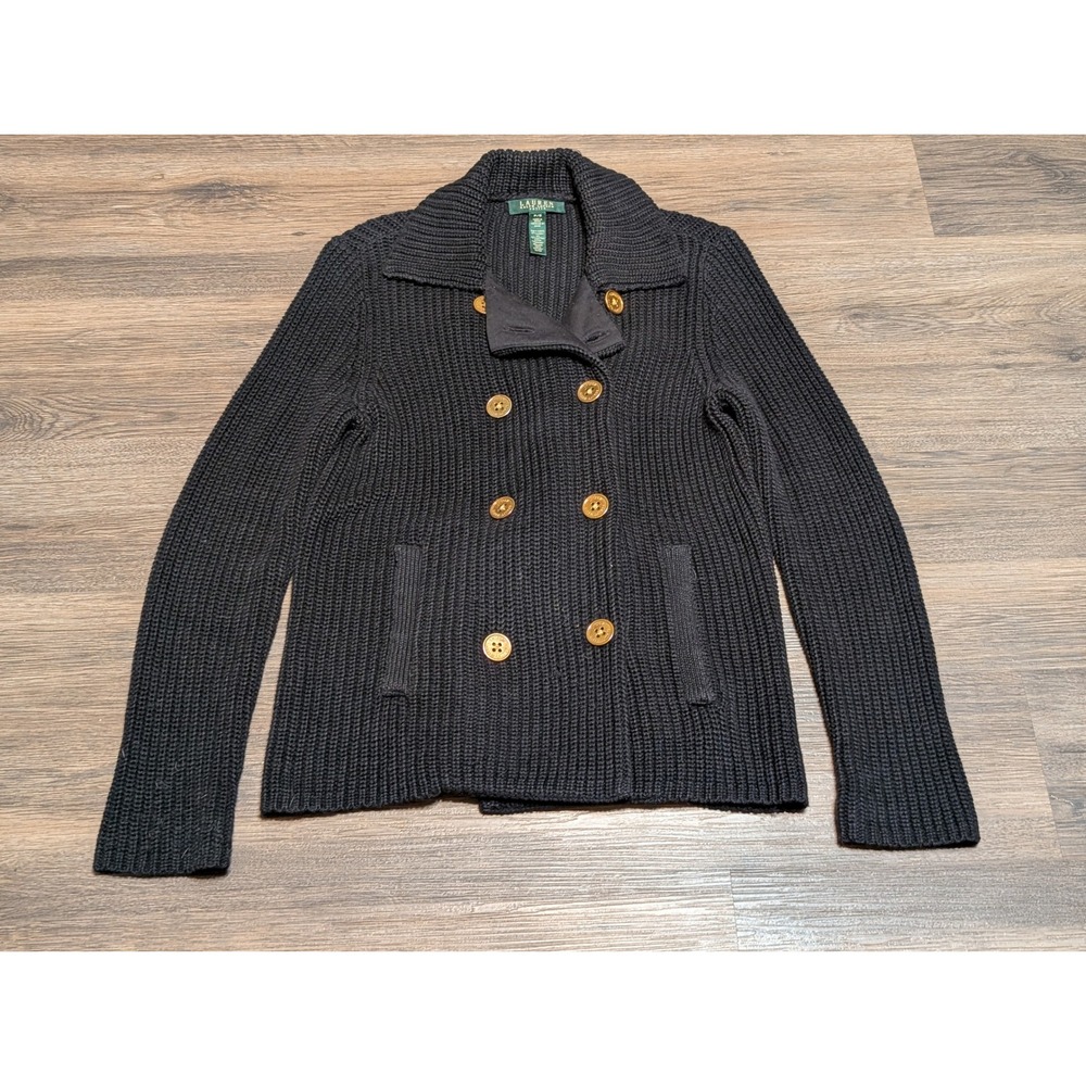 Lauren Ralph Lauren Petite Knit‎ Double Breasted Sweater Jacket Black P/S
